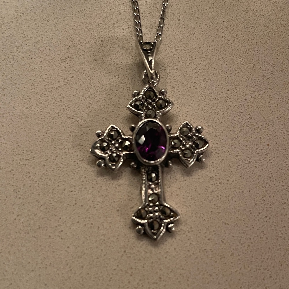 Silver Cross Pendant with Purple Gemstone with Chain